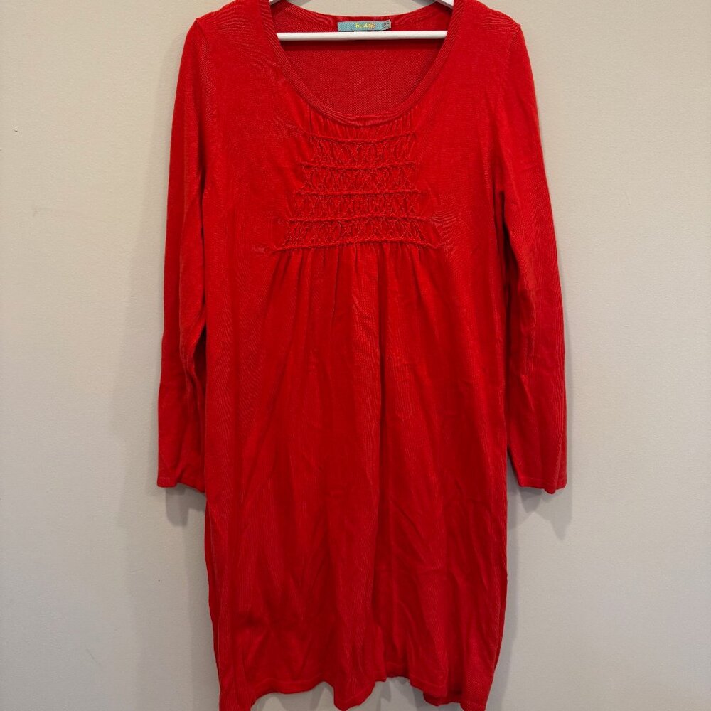 Boden Red Smocked Front Tunic Dress Long Sleeve Scoop Neck Women’s Size 12